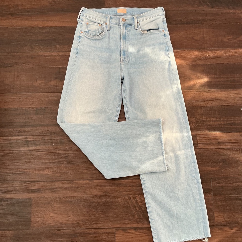 Mother The Rambler Zip Ankle Fray Jeans Chill Pill Light Wash Raw Hem 28